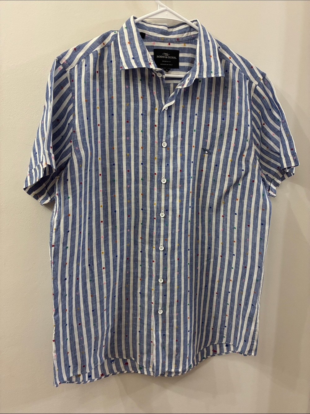 Rodd & Gunn -Striped Blue Short-Sleeve Button-Up Shirt with Multicolor Dots - L